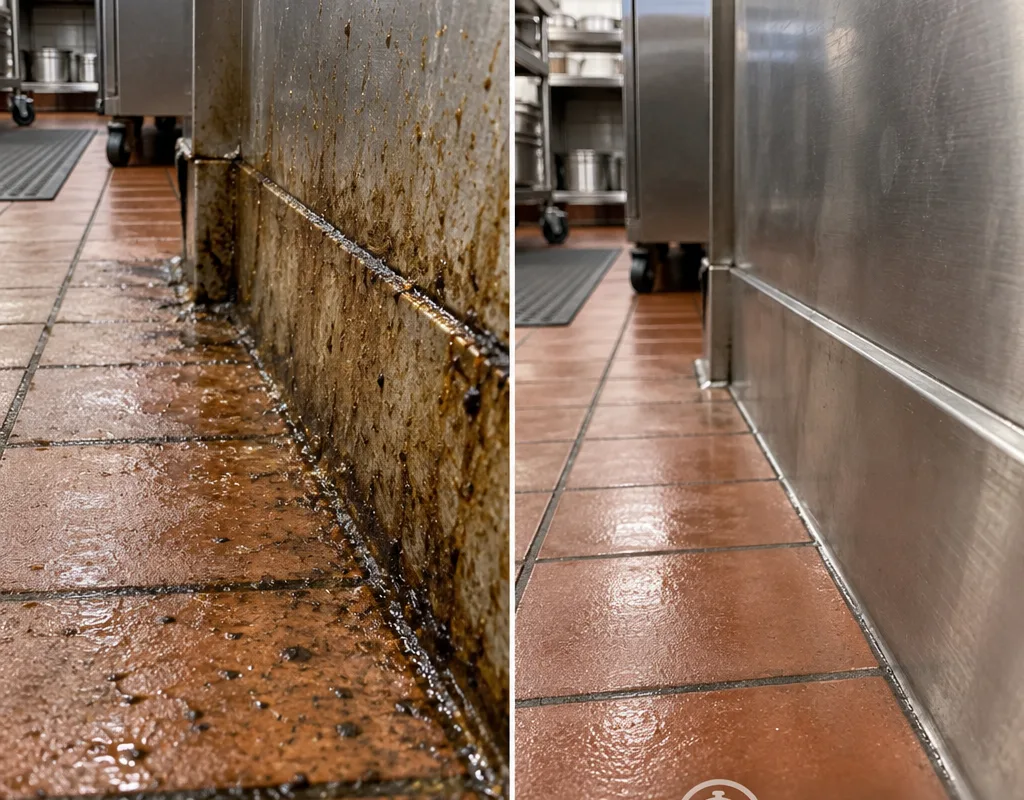 Before and after view of a degreased commercial kitchen floor edge and wall base