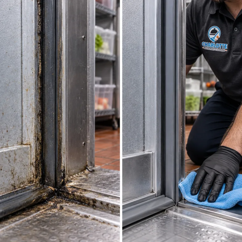 Cleaned walk-in cooler door gasket and threshold area