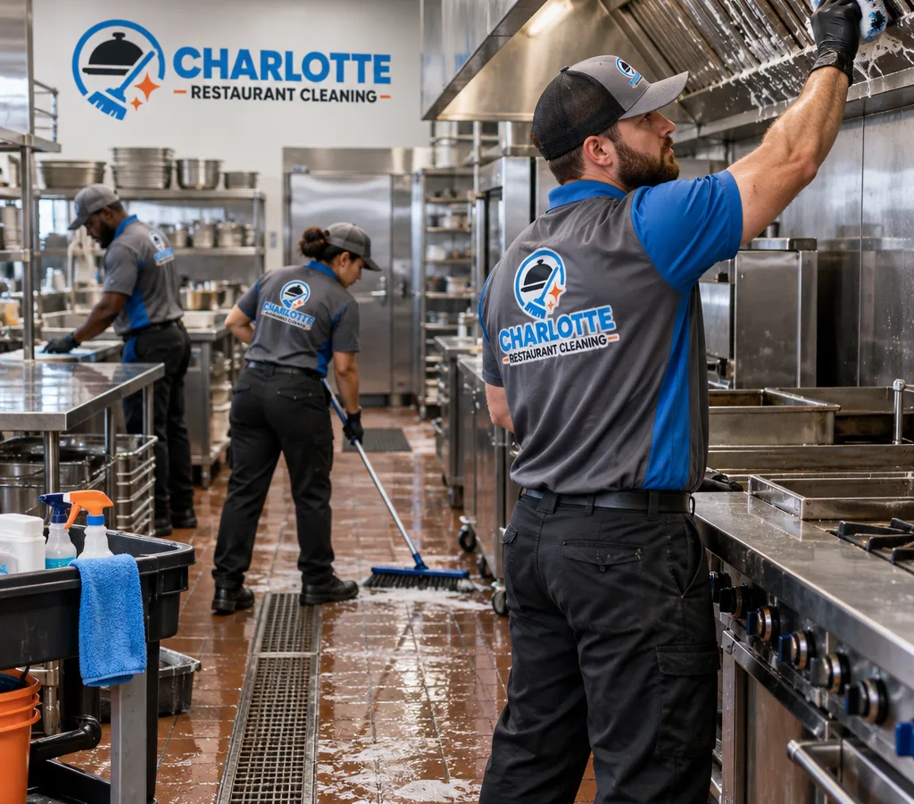 Crew performing a commercial kitchen deep clean in a Charlotte restaurant