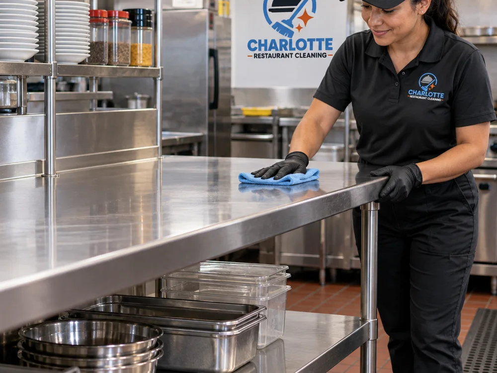 Cleaned stainless prep table and lower shelf after a kitchen deep clean