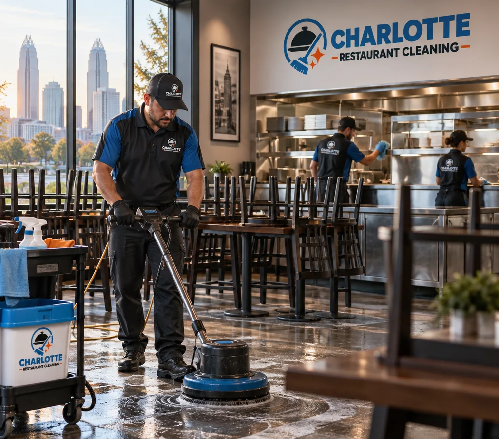 Professional restaurant cleaners detailing a Charlotte dining room and kitchen before service