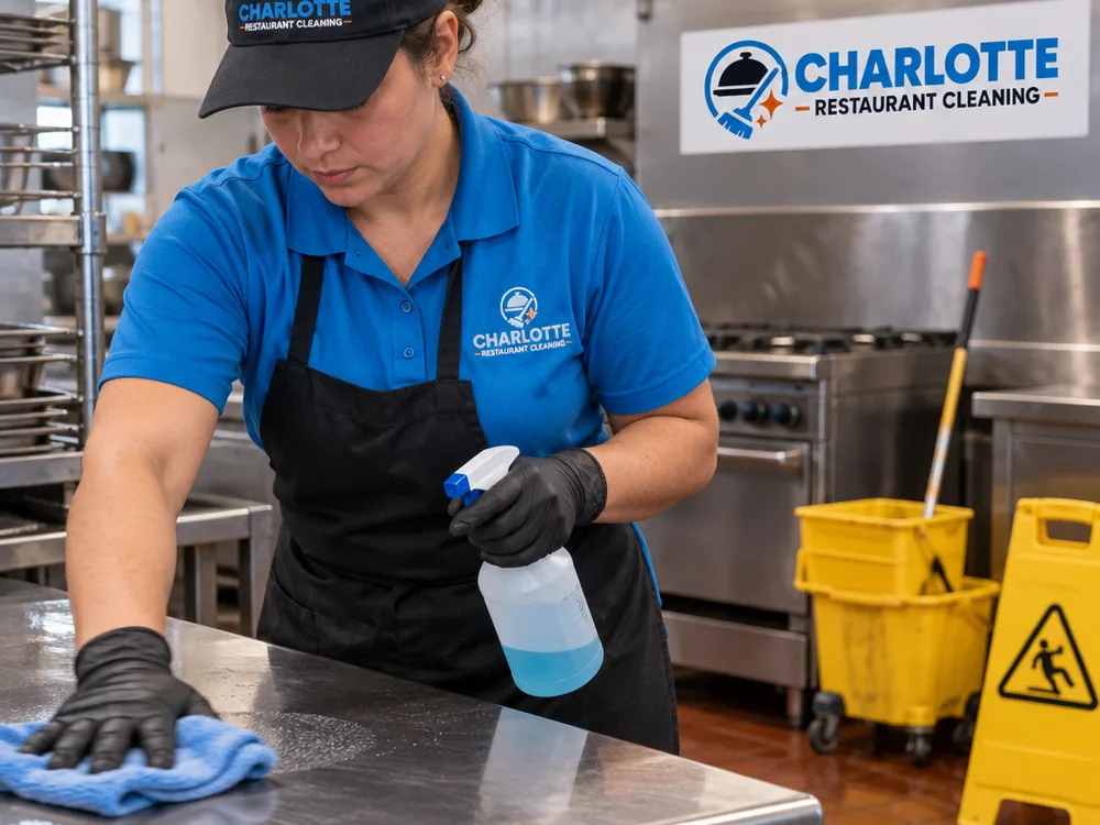 Cleaner degreasing stainless surfaces in an active commercial kitchen with safety equipment nearby