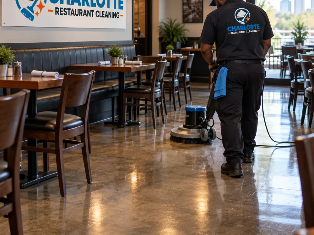 Clean restaurant dining room floor with detailed edges, reset chairs, and a streak-free finish