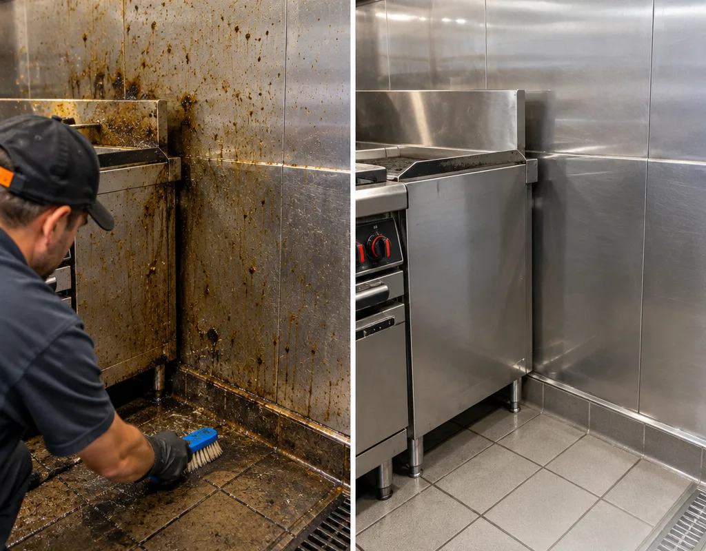 Before and after view of a commercial cookline wall and floor edge after grease removal