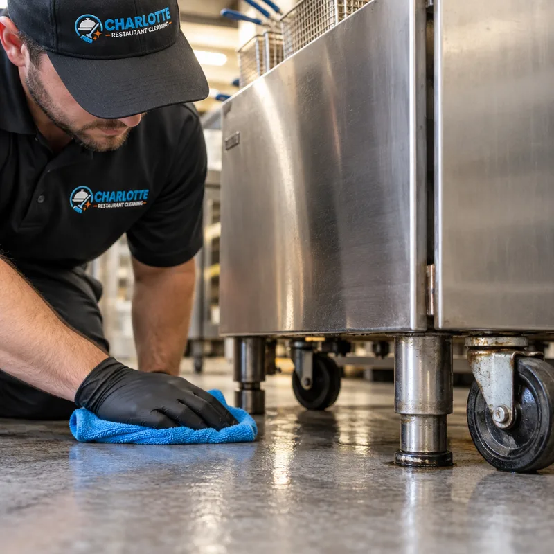 Cleaned stainless fryer sides and degreased floor beneath the equipment
