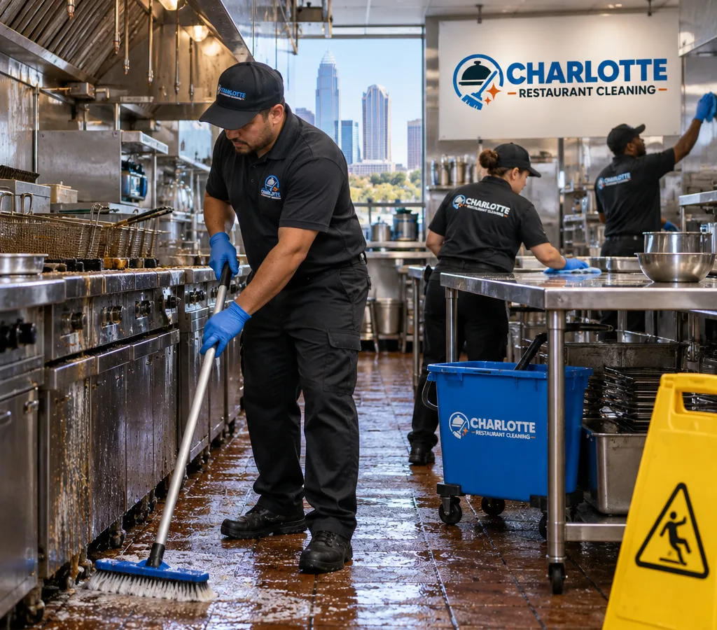 Commercial restaurant kitchen in Charlotte being professionally cleaned around a stainless prep line, fryer area, and floor edges