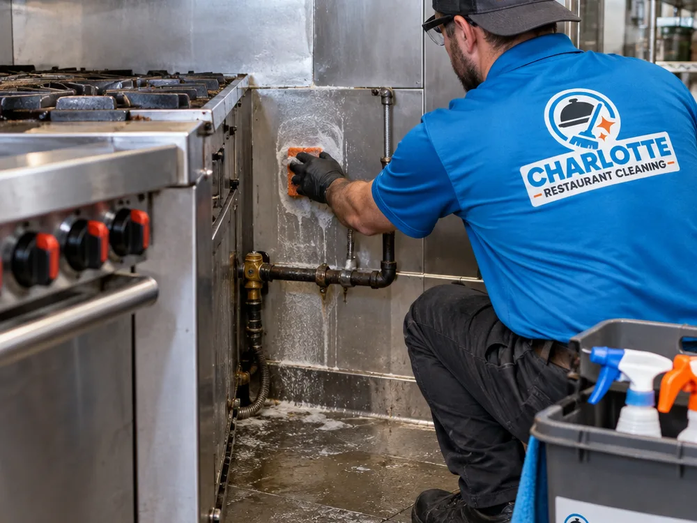 Cleaner degreasing behind a commercial range after the equipment has been safely pulled forward