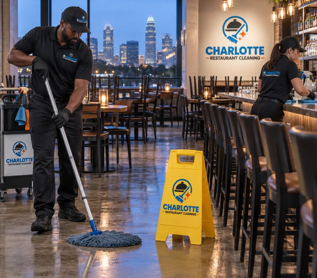 After-hours restaurant cleaning with technicians cleaning a commercial dining room floor and bar surfaces