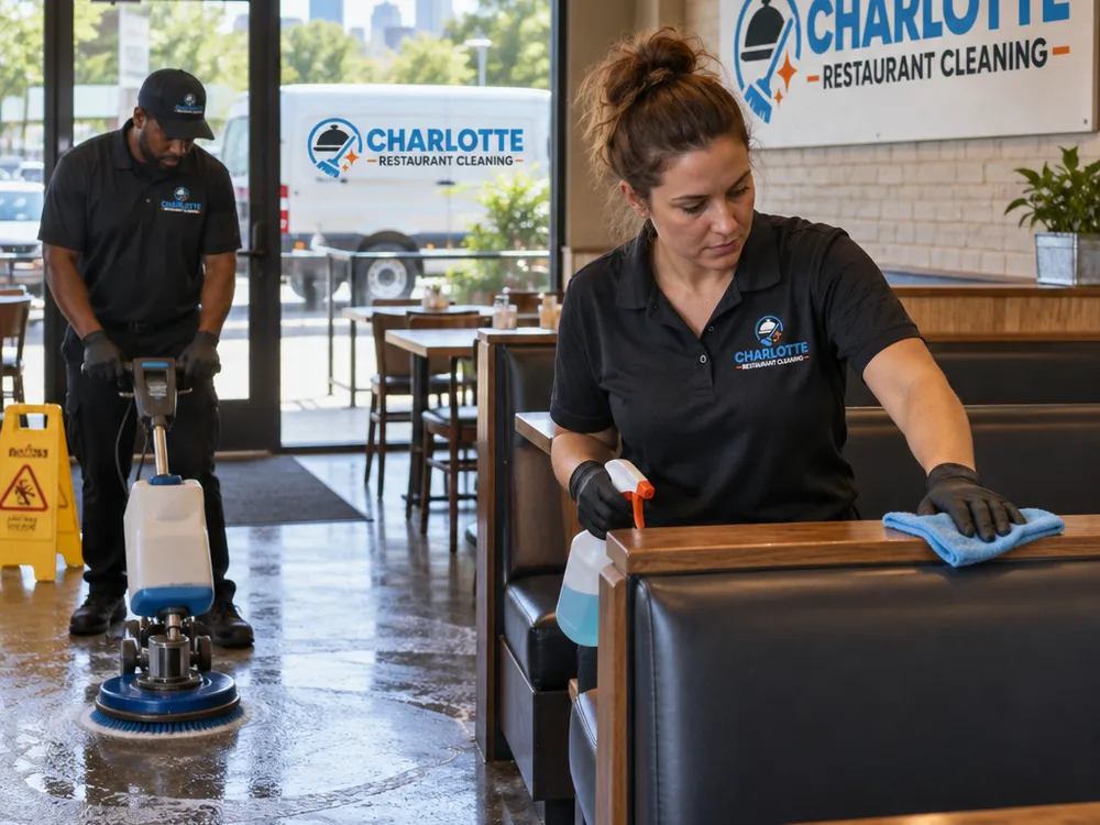 Technicians detail-cleaning booth backs, ledges, and a high-traffic restaurant floor lane