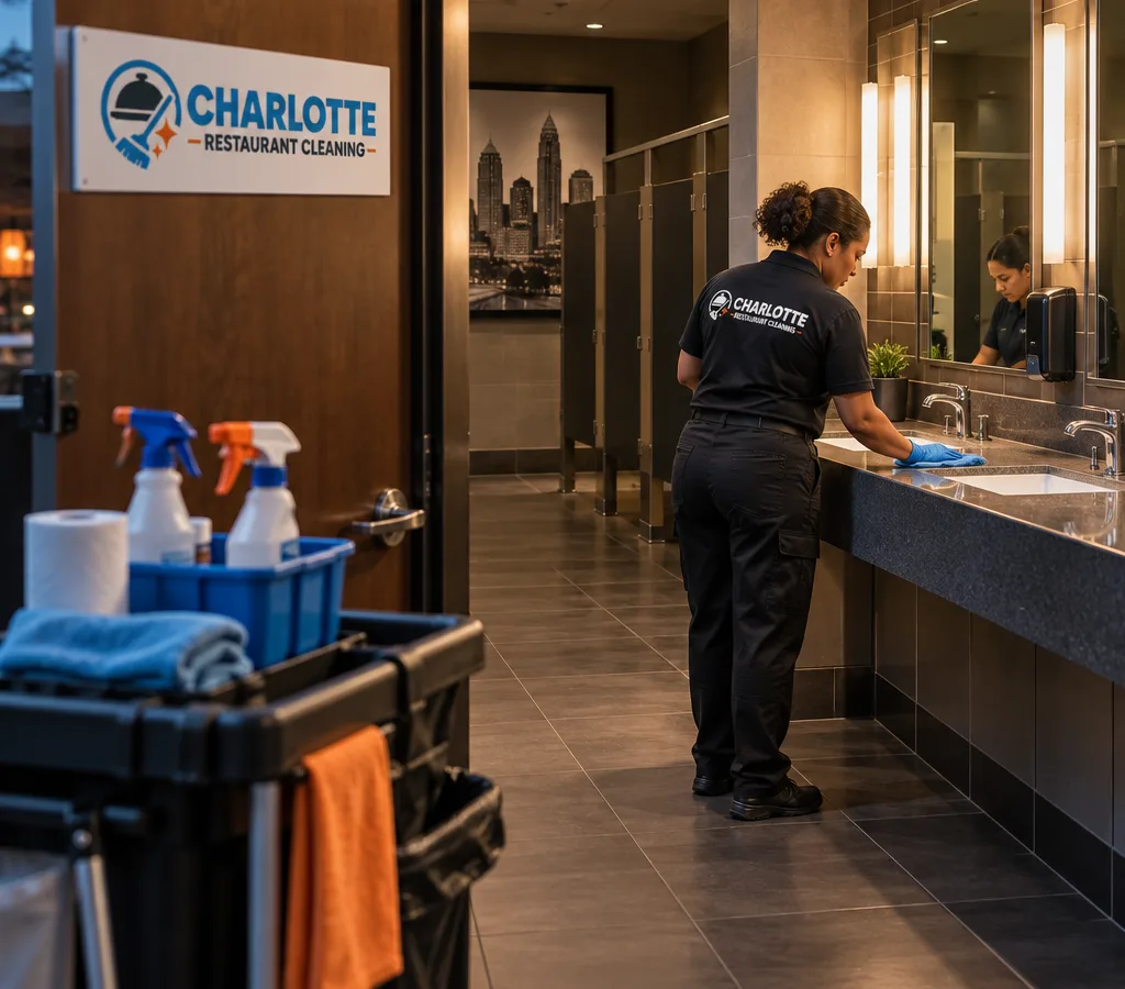 After-hours restaurant restroom with spotless sinks, mirrors, and stalls and a cleaner cart staged outside