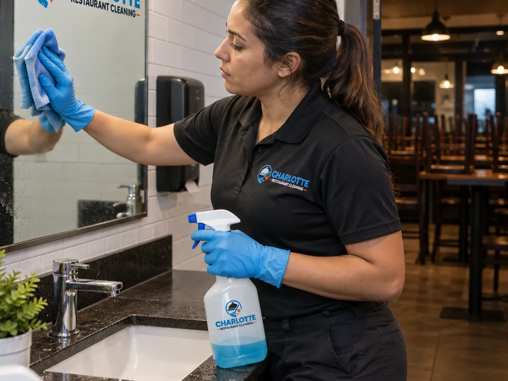 Technician cleaning a restaurant restroom sink and mirror at night with gloves and labeled spray bottles