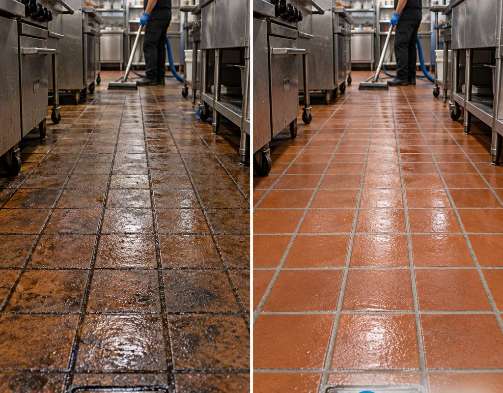Before and after view of greasy quarry tile and visibly cleaner grout lines