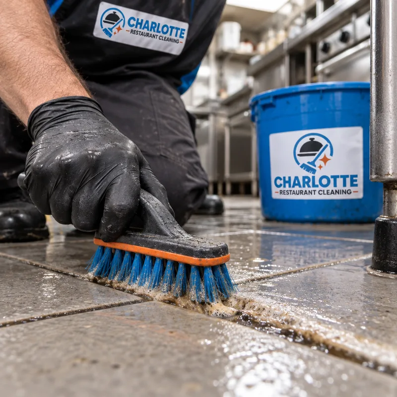 Close-up of grease lifting from commercial kitchen grout during agitation