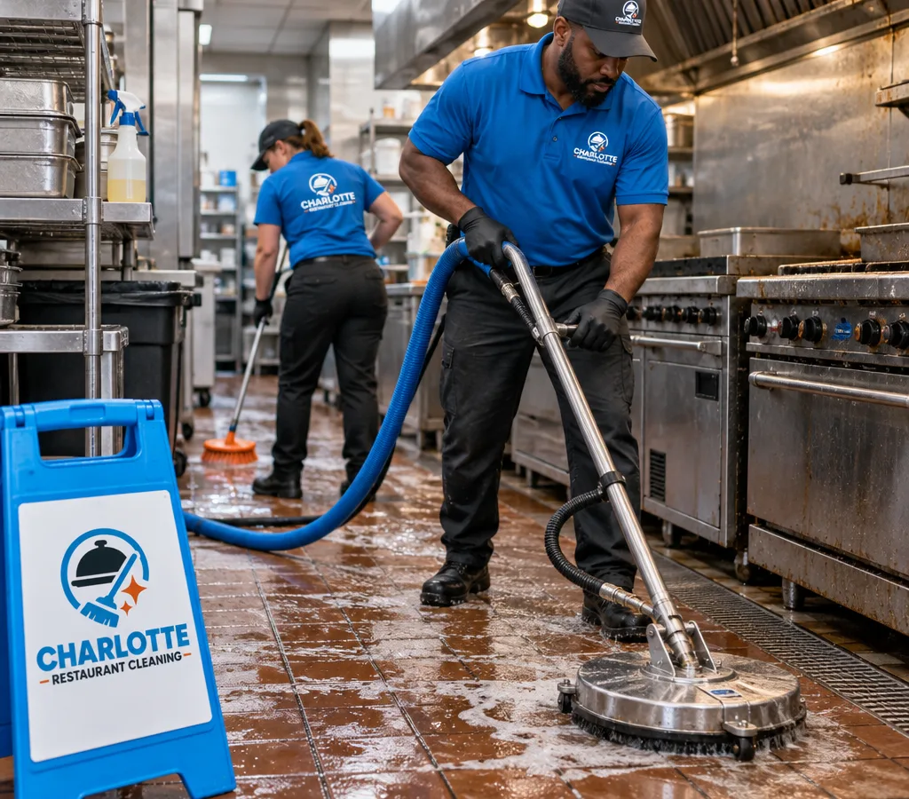 Commercial kitchen crew scrubbing and extracting a greasy tile floor at the cook line