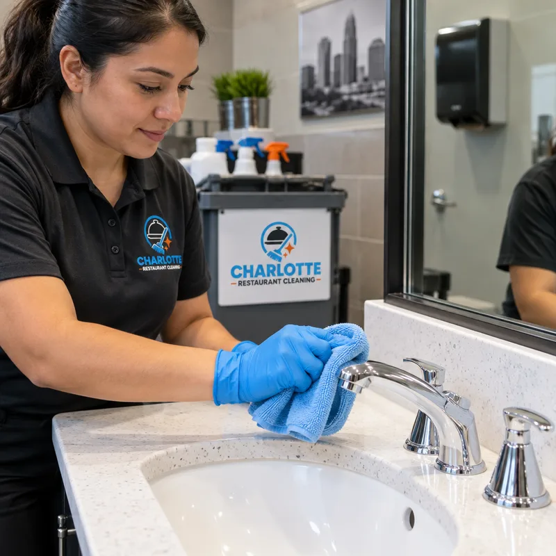 Streak-free mirror, polished fixtures, disinfected faucet handles, and clean counter edges