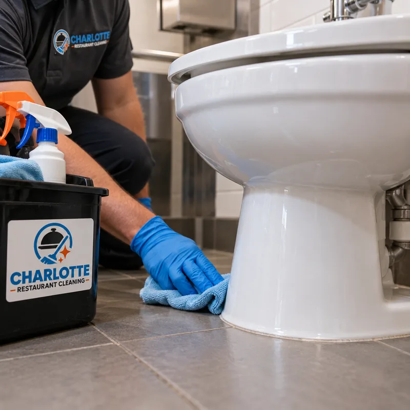 Clean toilet base, grout edges, and dry commercial restroom flooring with no visible residue