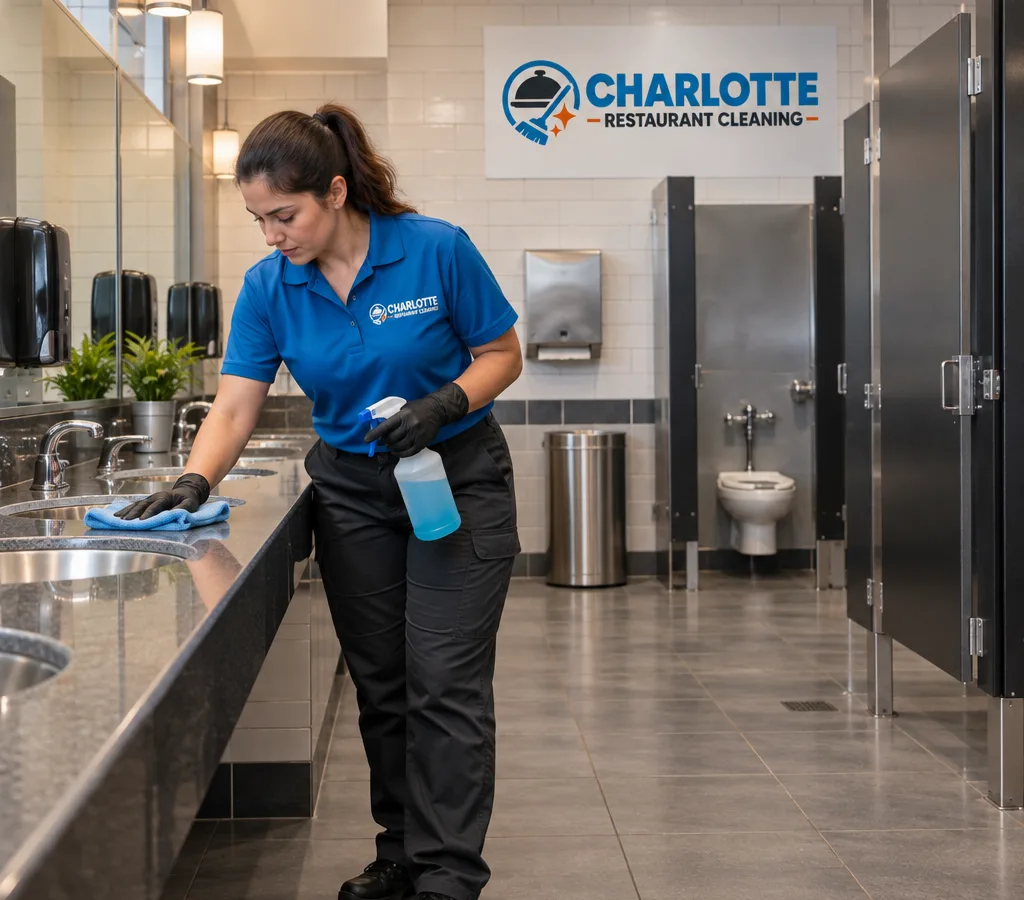 Spotless sinks, mirrors, toilets, and dry floors in a commercial restaurant restroom