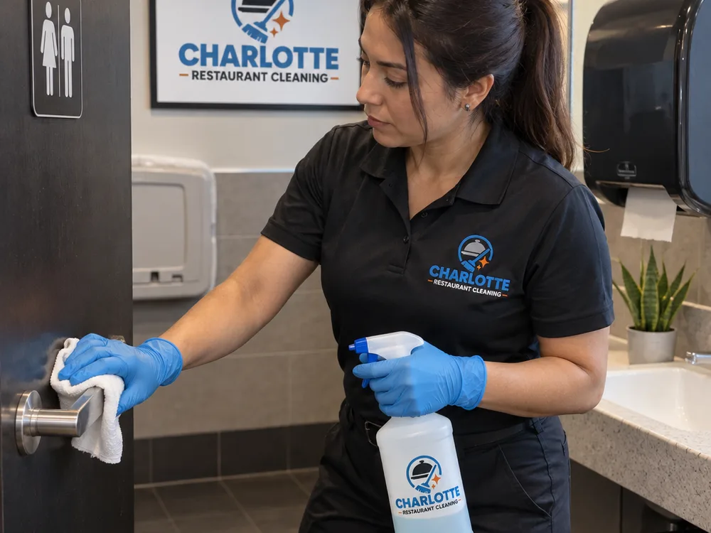 Gloved cleaner disinfecting restaurant restroom handles and dispensers with labeled commercial supplies