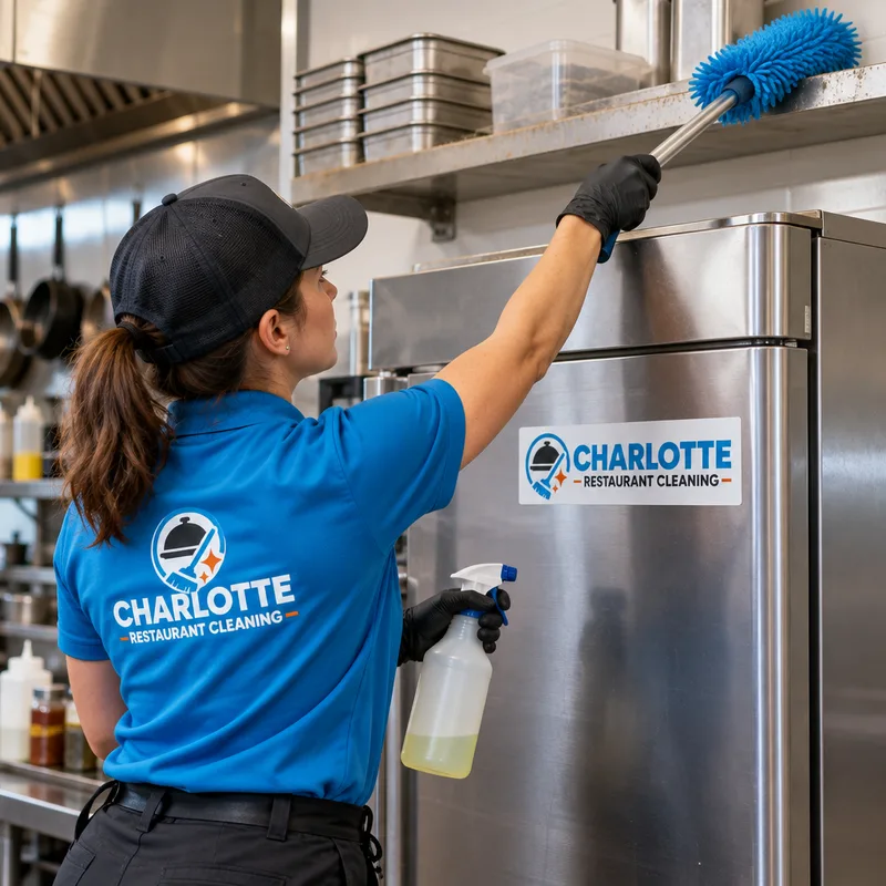 Technician high dusting the top of a stainless refrigerator and wall-mounted shelf in a restaurant kitchen