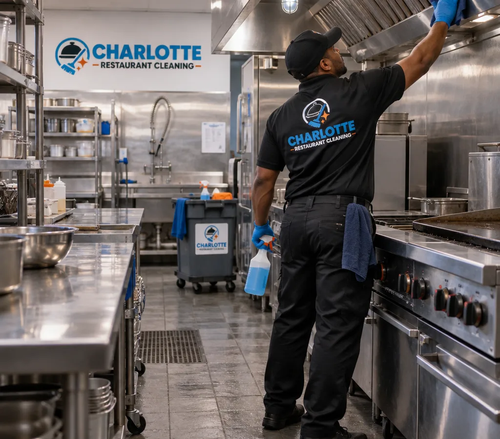 Commercial restaurant kitchen line being cleaned after hours, including stainless prep tables, hood edge, walls, and floor