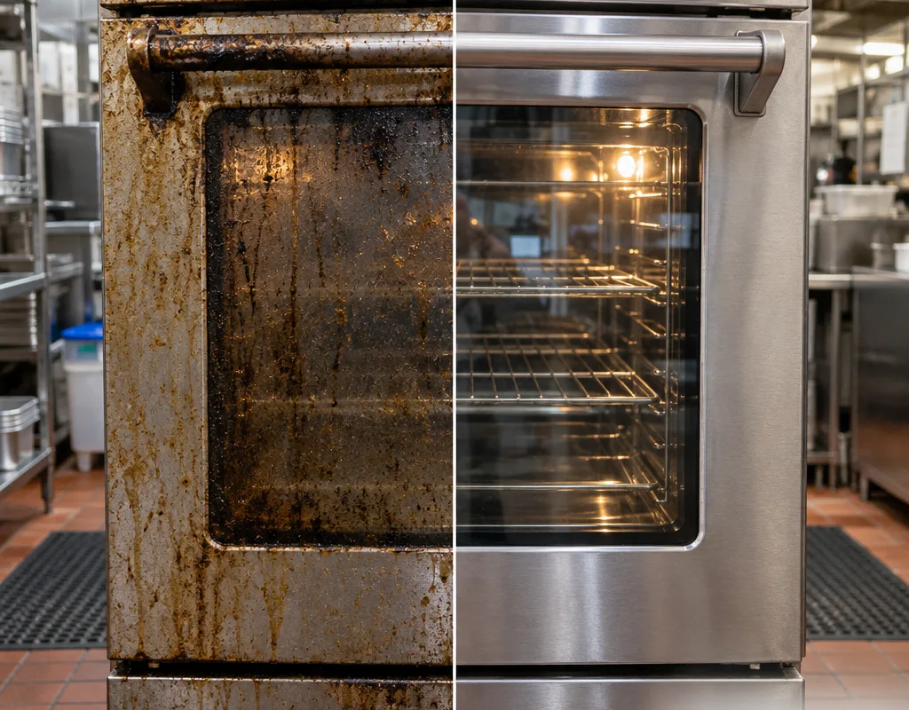 Before-and-after comparison of a greasy commercial oven door cleaned to clear glass and stainless