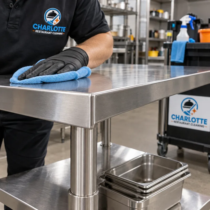 Clean stainless prep table corner and undershelf with residue-free seams and edges