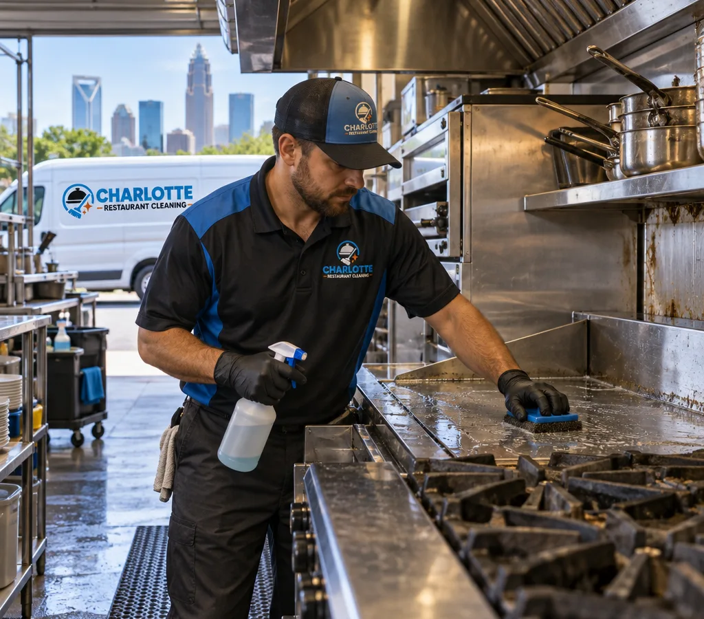 Technician cleaning stainless surfaces, grates, and splash guards on a commercial cookline