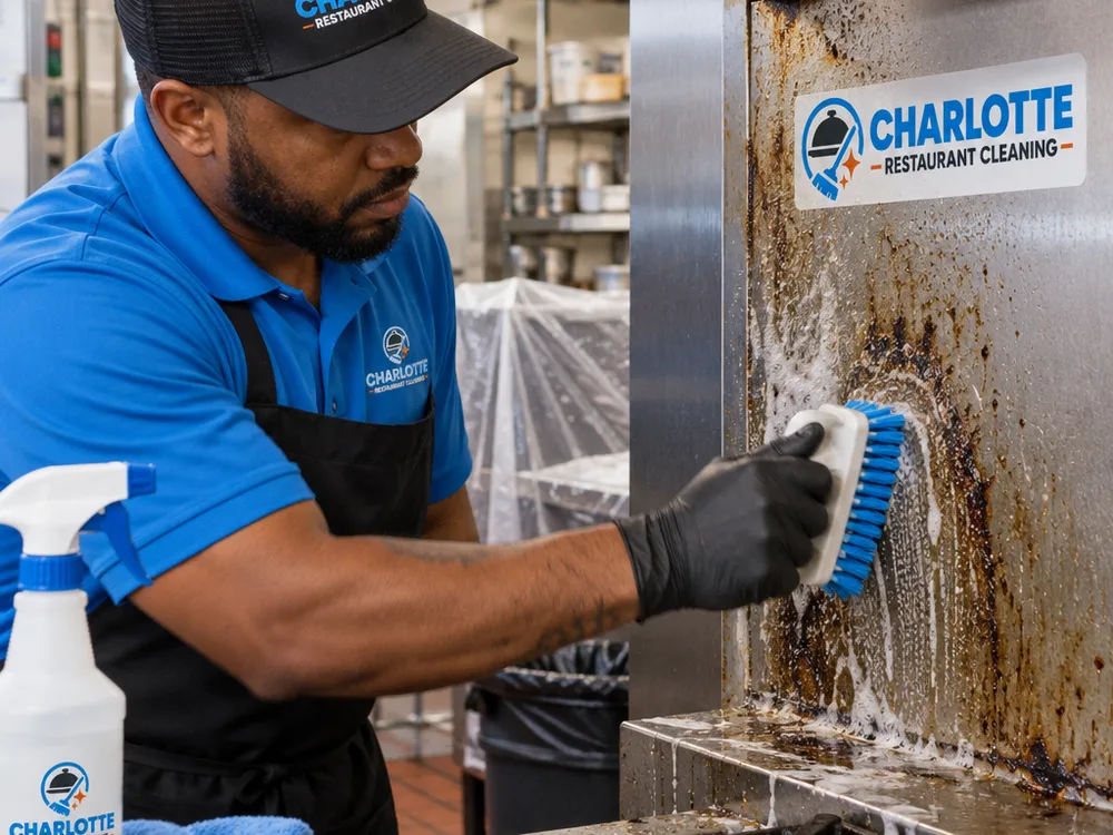 Technician hand-scrubbing grease from a stainless backsplash beside a commercial range