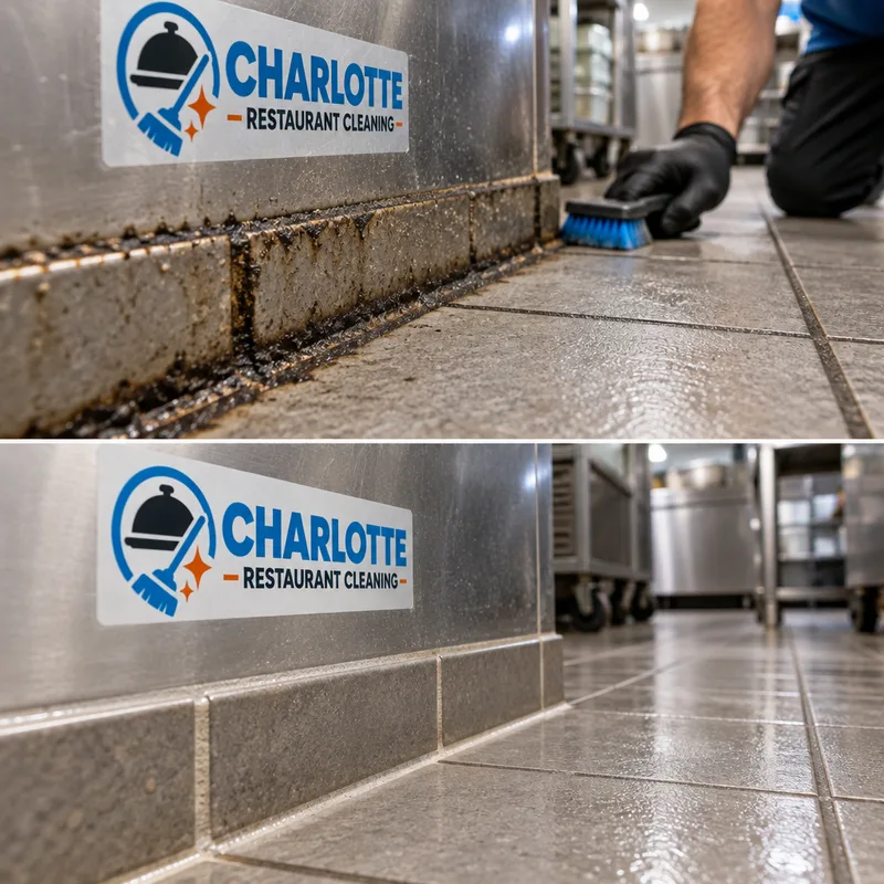 Cleaned commercial kitchen grout lines and floor edge with dark buildup removed