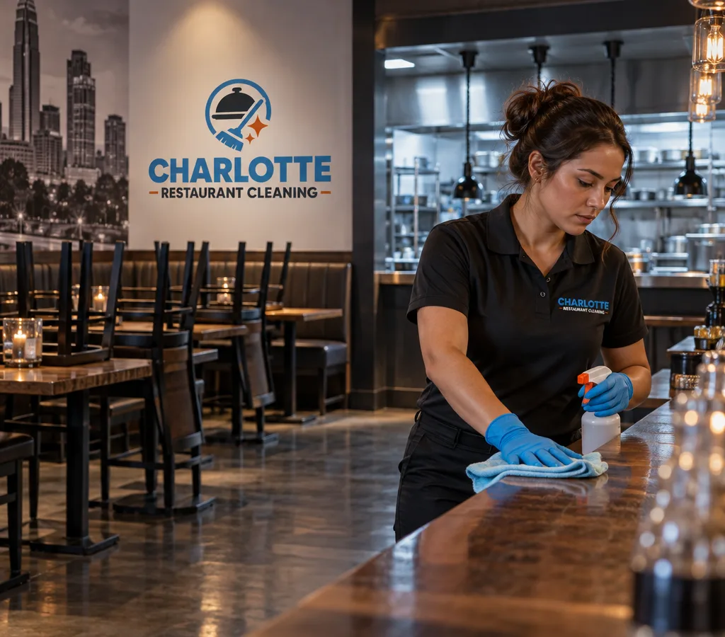 Professional cleaner sanitizing high-touch surfaces in an after-hours Huntersville restaurant