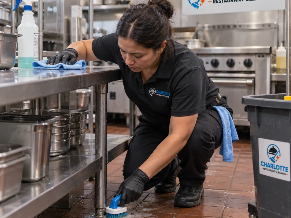 Cleaner degreasing a stainless prep table and floor edge in a Huntersville restaurant kitchen