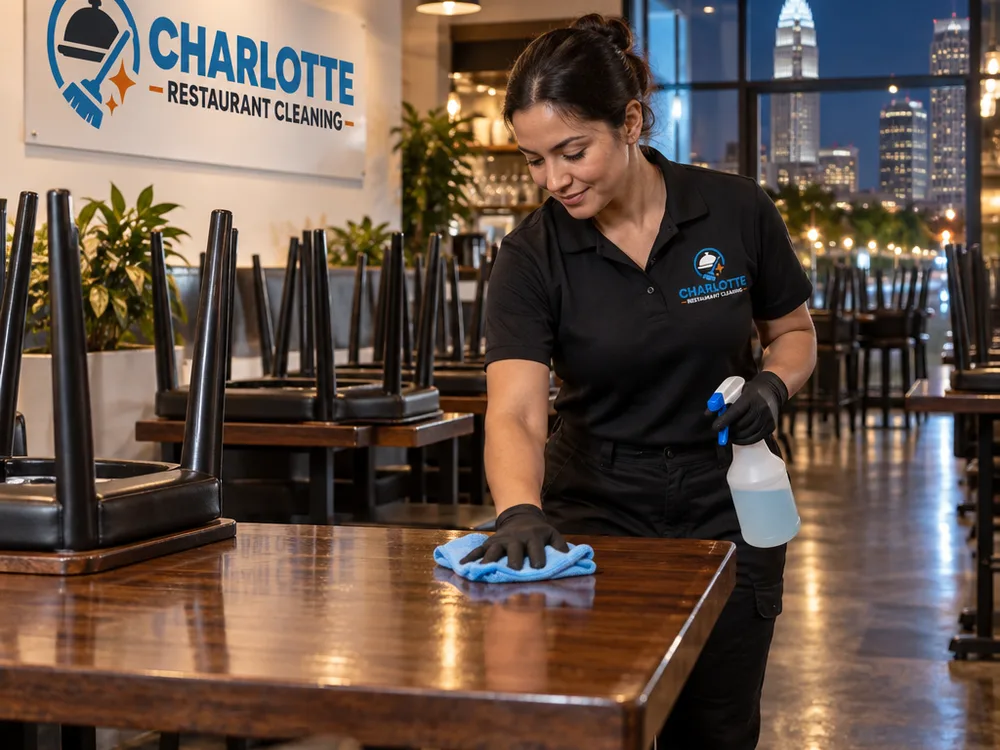 Huntersville restaurant dining room with freshly cleaned floors, wiped tables, and streak-free glass