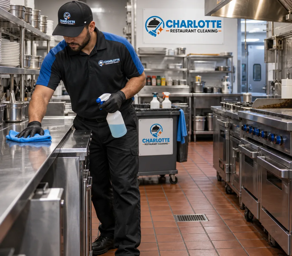 After-hours Fort Mill restaurant kitchen with clean stainless prep lines, quarry tile floors, and organized stations