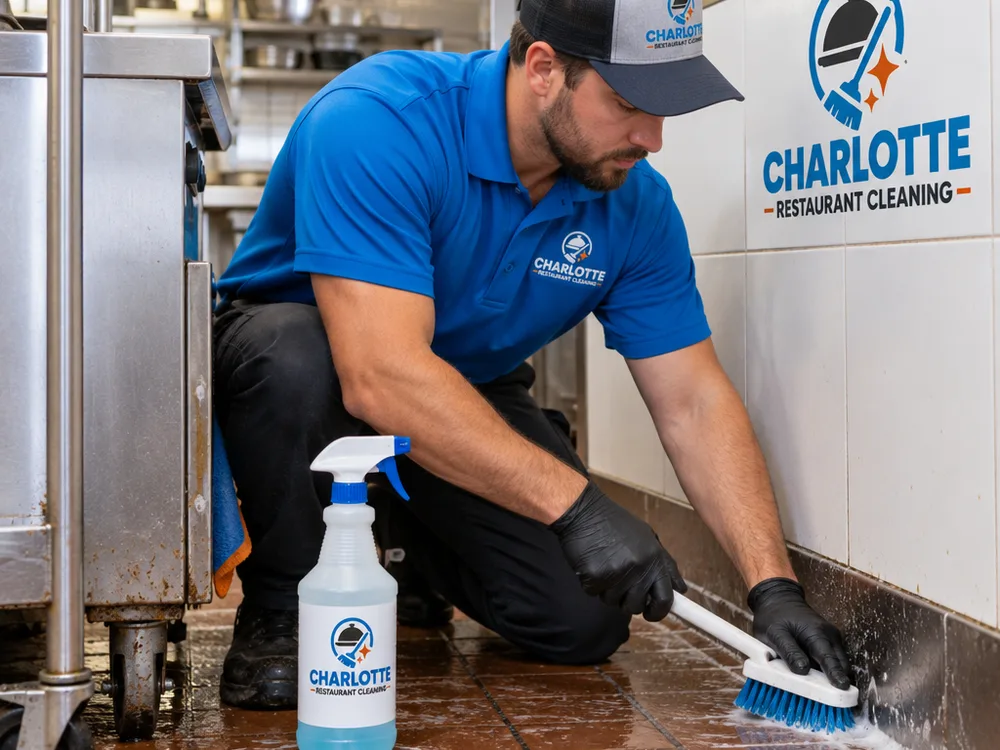 Cleaner detailing a restaurant kitchen floor edge and baseboard with a scrub brush and degreaser