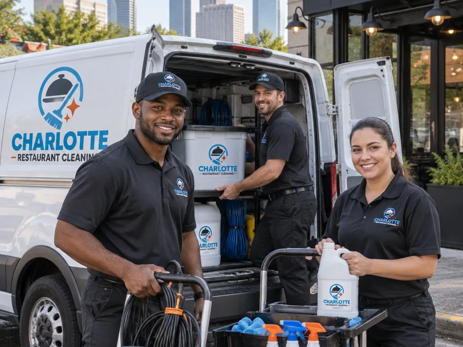 Charlotte Restaurant Cleaning technicians loading commercial cleaning equipment